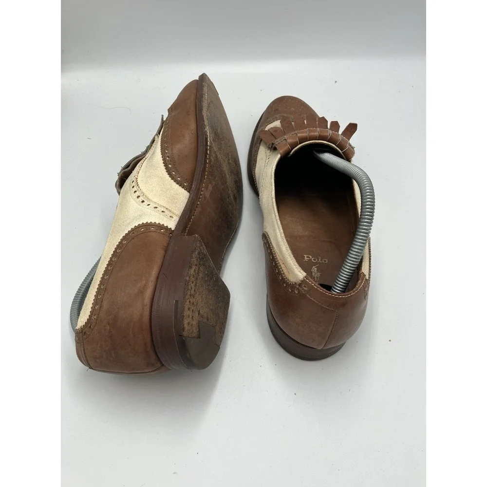 VTG Polo Ralph Lauren Bench Made Leather Shoes England Brown White‎ Size 10.5 D
